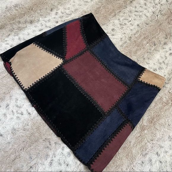 [M] Zara Softest Faux Suede Mauve, Blue & Creme Coloured Patchwork Mini Skirt - Picture 1 of 16
